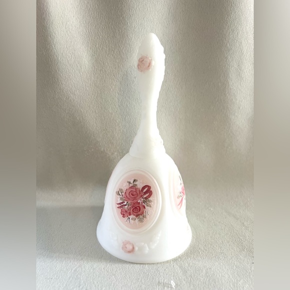 Fenton Other - Vintage Fenton Satin Glass Hand-Painted Bell | White Floral Roses | Signed | 6”